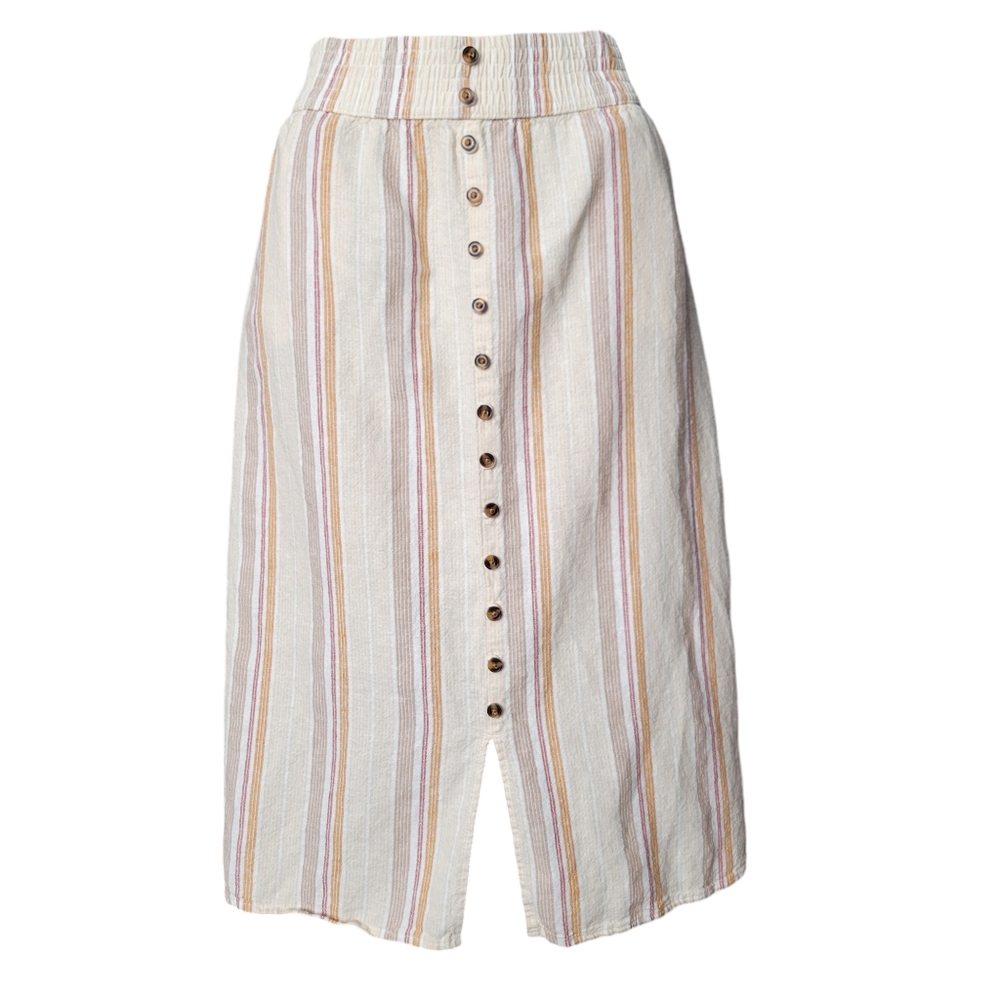 Sonoma Linen Blend Button Front Neutral Stripe Midi Skirt Size-Medium